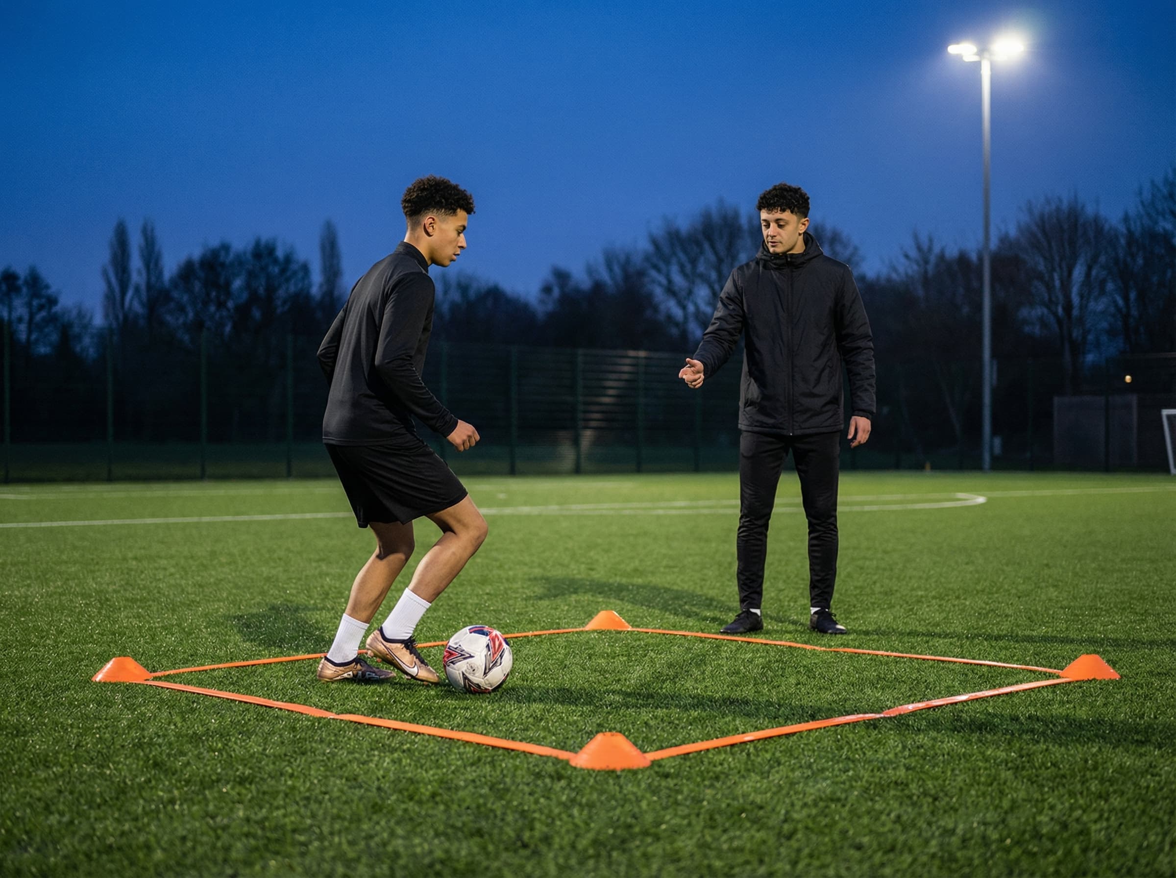 Position-specific soccer training session under evening light.